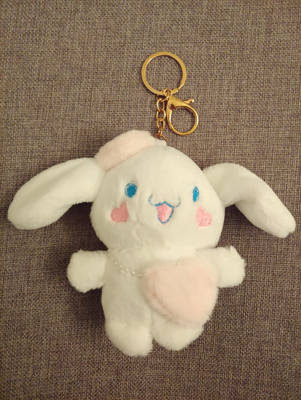 Cute White Plush Bunny Keychain with Pink Heart